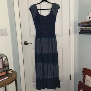Large elastic blue denim maxi dress